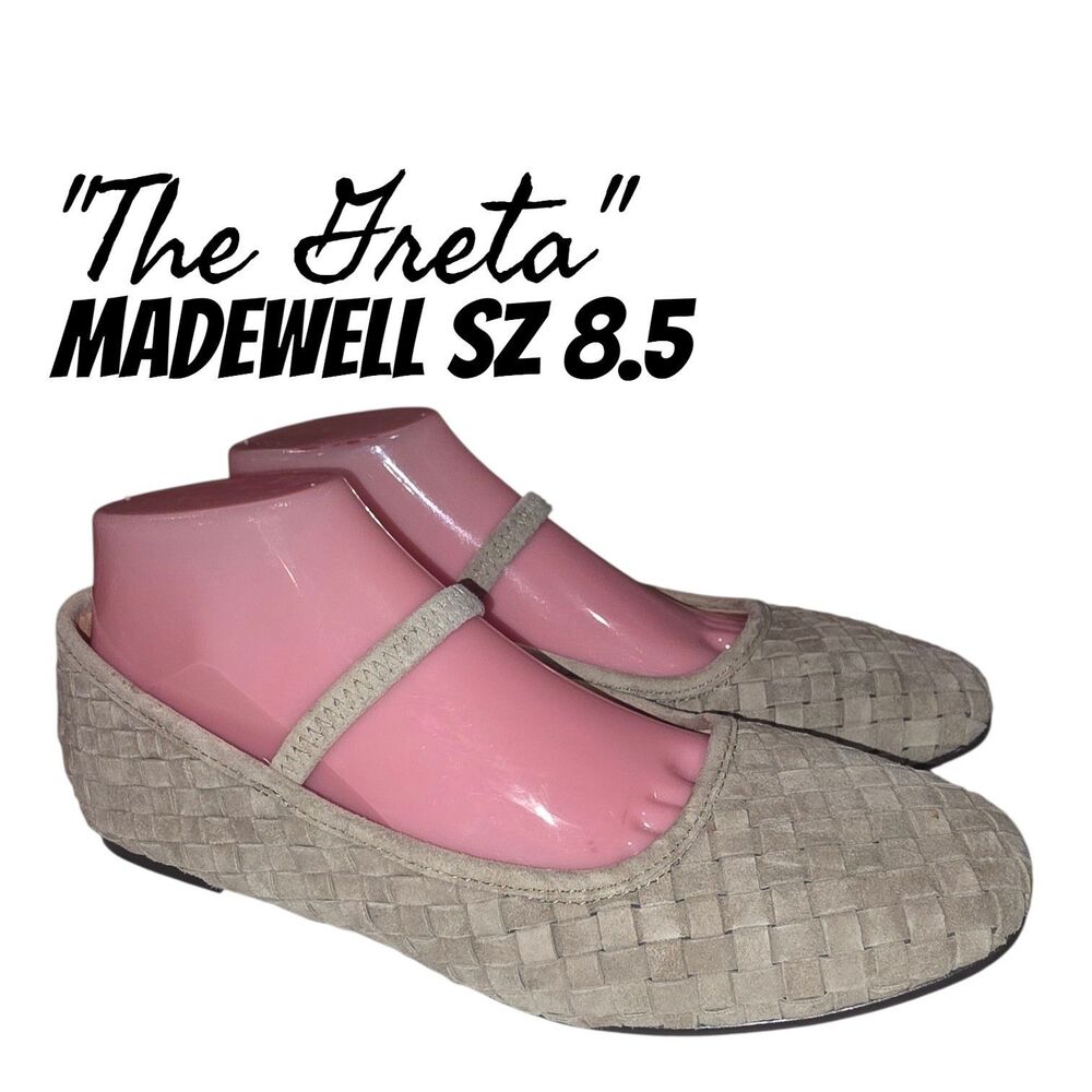 Madewell The Greta Sz8.5 Washed Olive Suede Feel Mary Jane Boho Chic Woven Flats